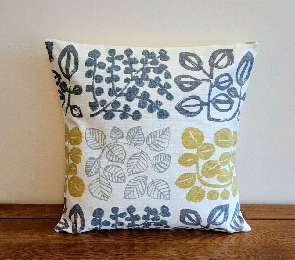 Cushion Cover Saffron Mustard Yellow Grey Leaf Design 10" 12" 14" 16" 17" 18" 20" 22" 24" 26" Handmade 100% Cotton - CushionCoverAndDecor