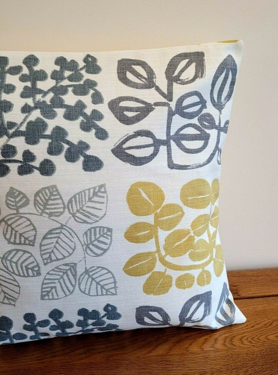 Cushion Cover Saffron Mustard Yellow Grey Leaf Design 10" 12" 14" 16" 17" 18" 20" 22" 24" 26" Handmade 100% Cotton - CushionCoverAndDecor