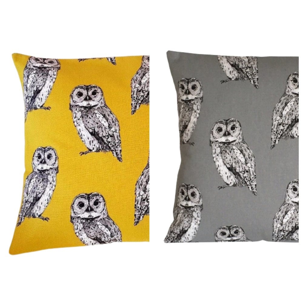 Cushion Cover Saffron Yellow Mustard Grey Owl Birds Design 10" 12 " 14" 16" 17" 18" 20" 22" 24" 26"Prestigious Textiles Handmade 100% Cotton - CushionCoverAndDecor