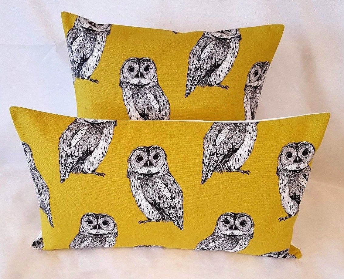 Cushion Cover Saffron Yellow Mustard Grey Owl Birds Design 10" 12 " 14" 16" 17" 18" 20" 22" 24" 26"Prestigious Textiles Handmade 100% Cotton - CushionCoverAndDecor