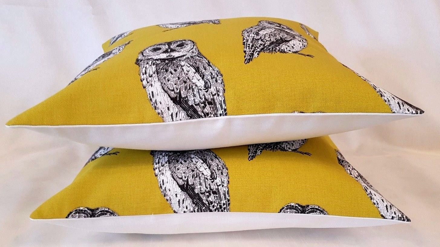 Cushion Cover Saffron Yellow Mustard Grey Owl Birds Design 10" 12 " 14" 16" 17" 18" 20" 22" 24" 26"Prestigious Textiles Handmade 100% Cotton - CushionCoverAndDecor