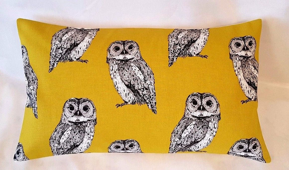 Cushion Cover Saffron Yellow Mustard Grey Owl Birds Design 10" 12 " 14" 16" 17" 18" 20" 22" 24" 26"Prestigious Textiles Handmade 100% Cotton - CushionCoverAndDecor