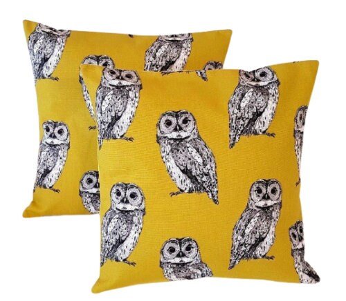 Cushion Cover Saffron Yellow Mustard Grey Owl Birds Design 10" 12 " 14" 16" 17" 18" 20" 22" 24" 26"Prestigious Textiles Handmade 100% Cotton - CushionCoverAndDecor