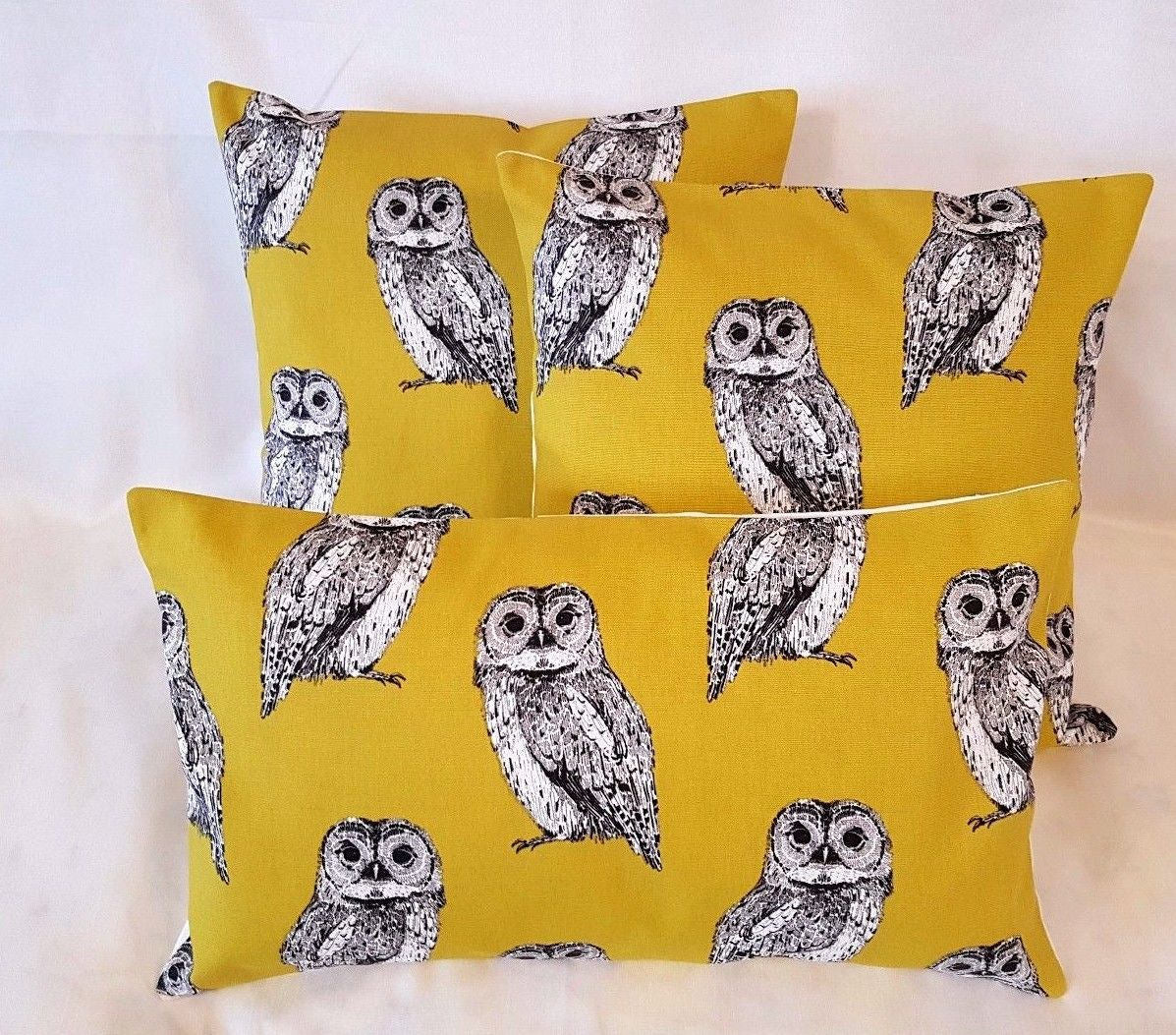 Cushion Cover Saffron Yellow Mustard Grey Owl Birds Design 10" 12 " 14" 16" 17" 18" 20" 22" 24" 26"Prestigious Textiles Handmade 100% Cotton - CushionCoverAndDecor