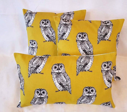 Cushion Cover Saffron Yellow Mustard Grey Owl Birds Design 10" 12 " 14" 16" 17" 18" 20" 22" 24" 26"Prestigious Textiles Handmade 100% Cotton - CushionCoverAndDecor