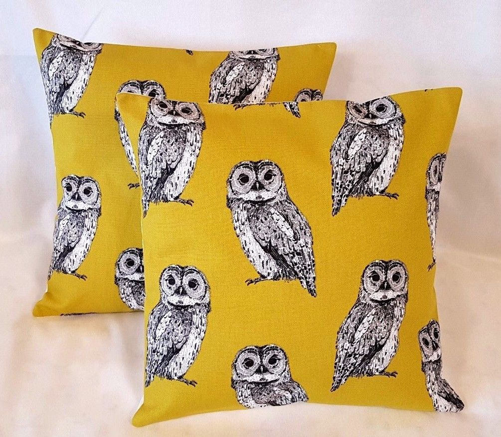 Cushion Cover Saffron Yellow Mustard Grey Owl Birds Design 10" 12 " 14" 16" 17" 18" 20" 22" 24" 26"Prestigious Textiles Handmade 100% Cotton - CushionCoverAndDecor