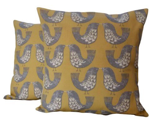 Cushion Cover Saffron Yellow Mustard Grey Scandi Bird - CushionCoverAndDecor