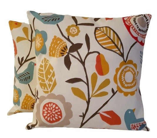 Cushion Cover Spice Folki Bird Floral Orange Blue Design 10" 12" 14" 16" 17" 18" 20" 22" 24" 26" Handmade 100% Cotton - CushionCoverAndDecor