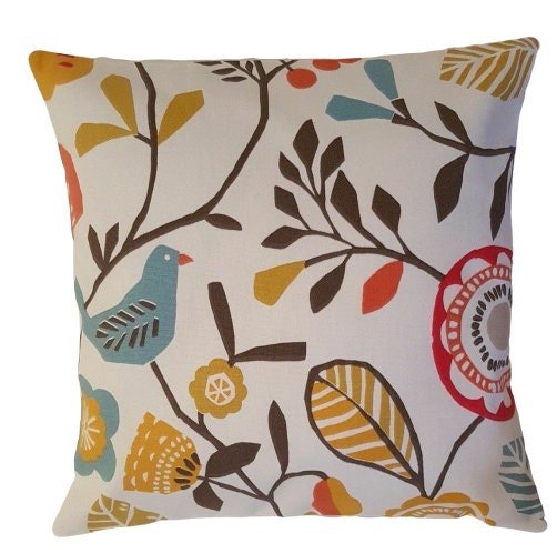 Cushion Cover Spice Folki Bird Floral Orange Blue Design 10" 12" 14" 16" 17" 18" 20" 22" 24" 26" Handmade 100% Cotton - CushionCoverAndDecor