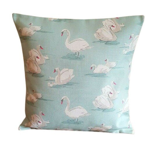 Cushion Cover Swans Blue Aqua White 10" 12" 14" 16" 17" 18" 20" 22" 24" 26" Clarke & Clarke Design 100% Cotton Handmade - CushionCoverAndDecor