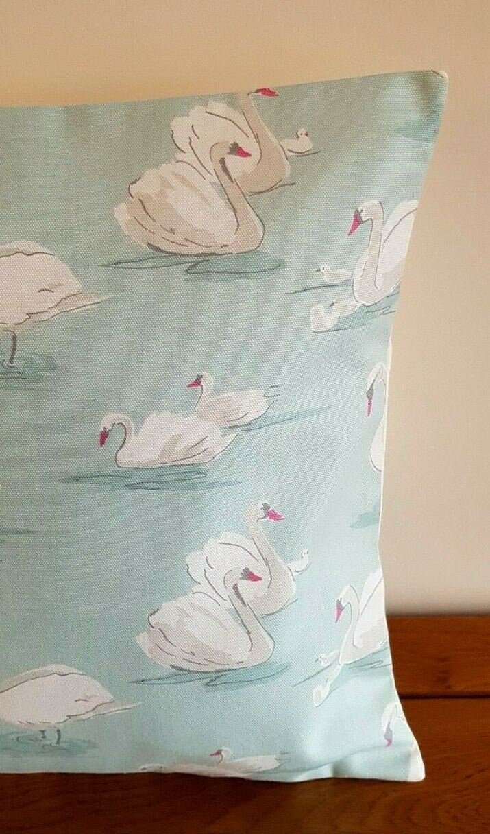 Cushion Cover Swans Blue Aqua White 10" 12" 14" 16" 17" 18" 20" 22" 24" 26" Clarke & Clarke Design 100% Cotton Handmade - CushionCoverAndDecor