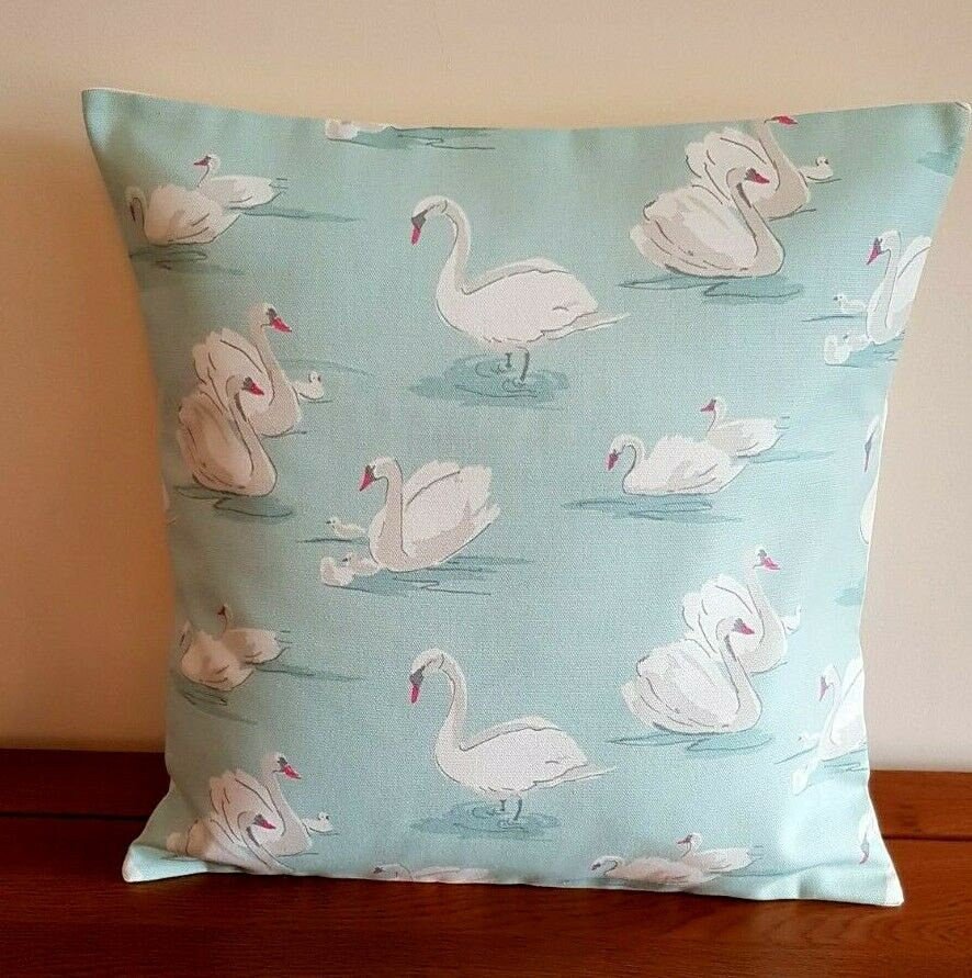 Cushion Cover Swans Blue Aqua White 10" 12" 14" 16" 17" 18" 20" 22" 24" 26" Clarke & Clarke Design 100% Cotton Handmade - CushionCoverAndDecor