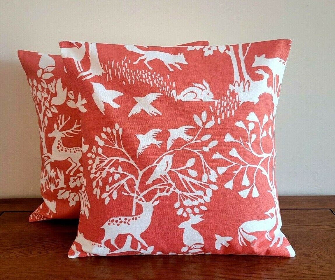 Cushion Cover Vilda Cinnamon Orange Wilderness Deer ,Rabbit ,Hare Birds Design 10" 12" 14" 16" 17" 18" 20" 22" 24" 26" Handmade 100% Cotton - CushionCoverAndDecor