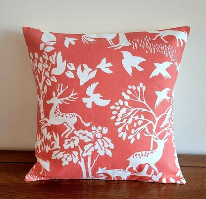 Cushion Cover Vilda Cinnamon Orange Wilderness Deer ,Rabbit ,Hare Birds Design 10" 12" 14" 16" 17" 18" 20" 22" 24" 26" Handmade 100% Cotton - CushionCoverAndDecor