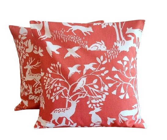 Cushion Cover Vilda Cinnamon Orange Wilderness Deer ,Rabbit ,Hare Birds Design 10" 12" 14" 16" 17" 18" 20" 22" 24" 26" Handmade 100% Cotton - CushionCoverAndDecor