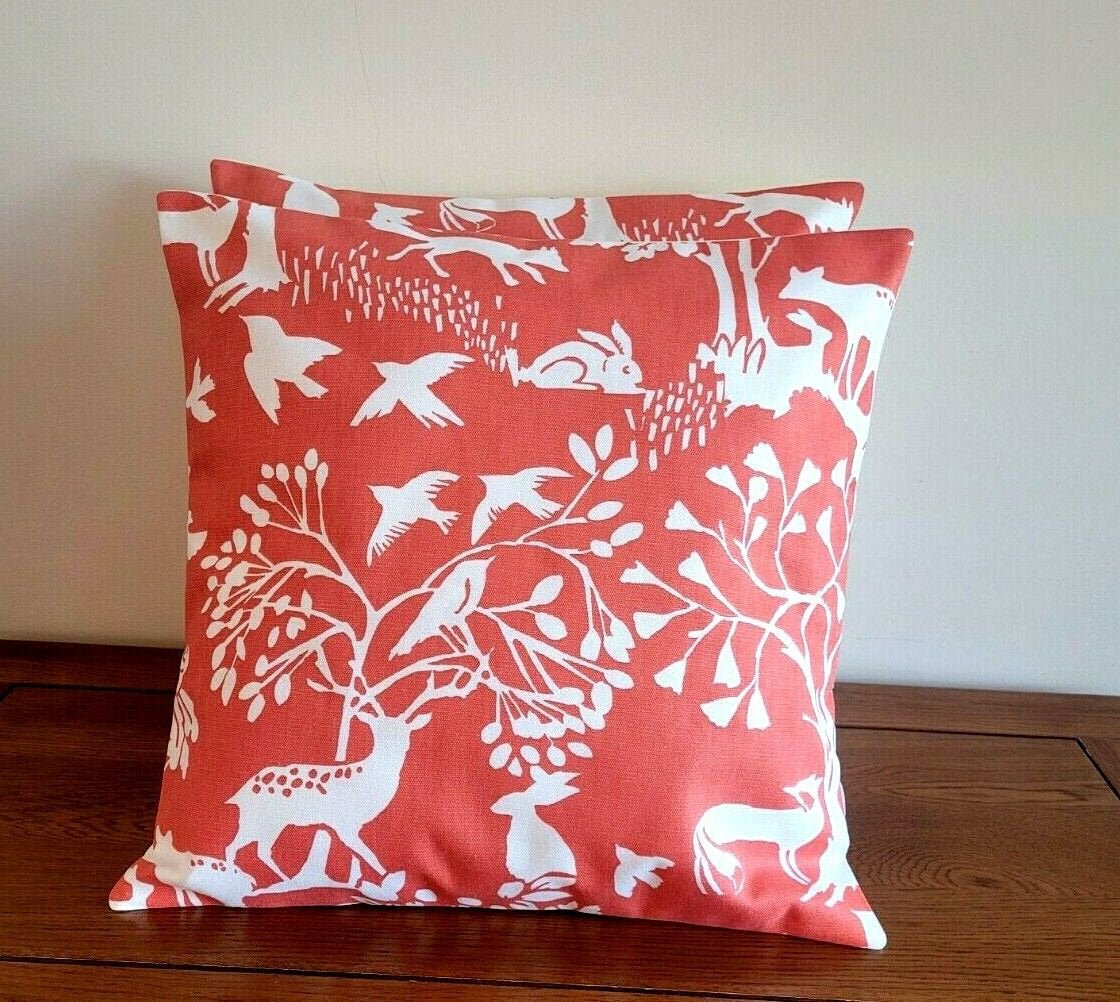 Cushion Cover Vilda Cinnamon Orange Wilderness Deer ,Rabbit ,Hare Birds Design 10" 12" 14" 16" 17" 18" 20" 22" 24" 26" Handmade 100% Cotton - CushionCoverAndDecor