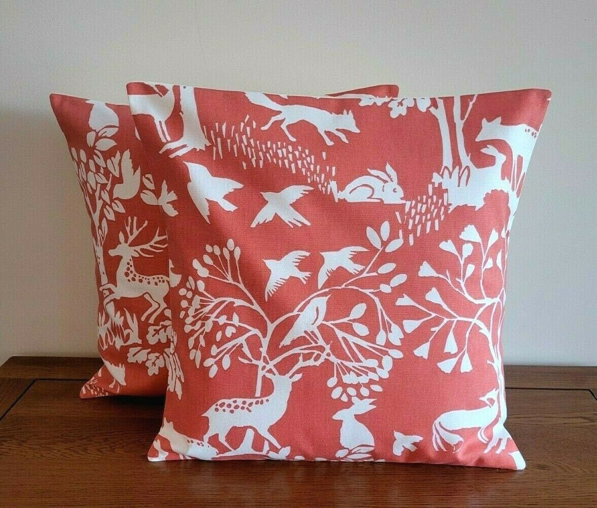 Cushion Cover Vilda Cinnamon Orange Wilderness Deer ,Rabbit ,Hare Birds Design 10" 12" 14" 16" 17" 18" 20" 22" 24" 26" Handmade 100% Cotton - CushionCoverAndDecor