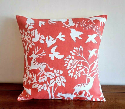 Cushion Cover Vilda Cinnamon Orange Wilderness Deer ,Rabbit ,Hare Birds Design 10" 12" 14" 16" 17" 18" 20" 22" 24" 26" Handmade 100% Cotton - CushionCoverAndDecor