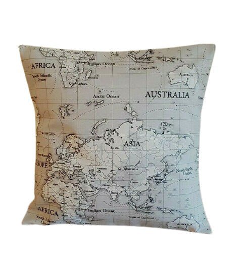 Cushion Cover World Maps Atlas Grey Black White 10" 12" 14" 16" 17" 18" 20" 22" 24" 26" Fryetts 100% Cotton Handmade - CushionCoverAndDecor