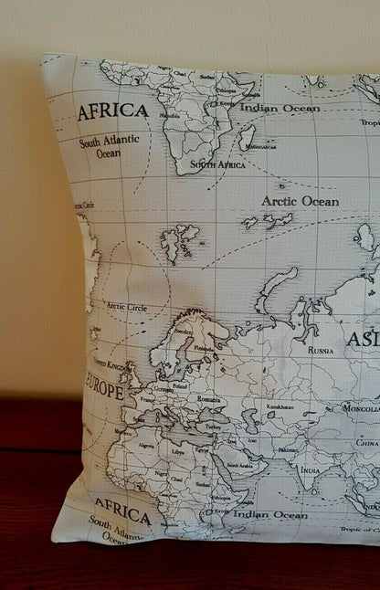 Cushion Cover World Maps Atlas Grey Black White 10" 12" 14" 16" 17" 18" 20" 22" 24" 26" Fryetts 100% Cotton Handmade - CushionCoverAndDecor