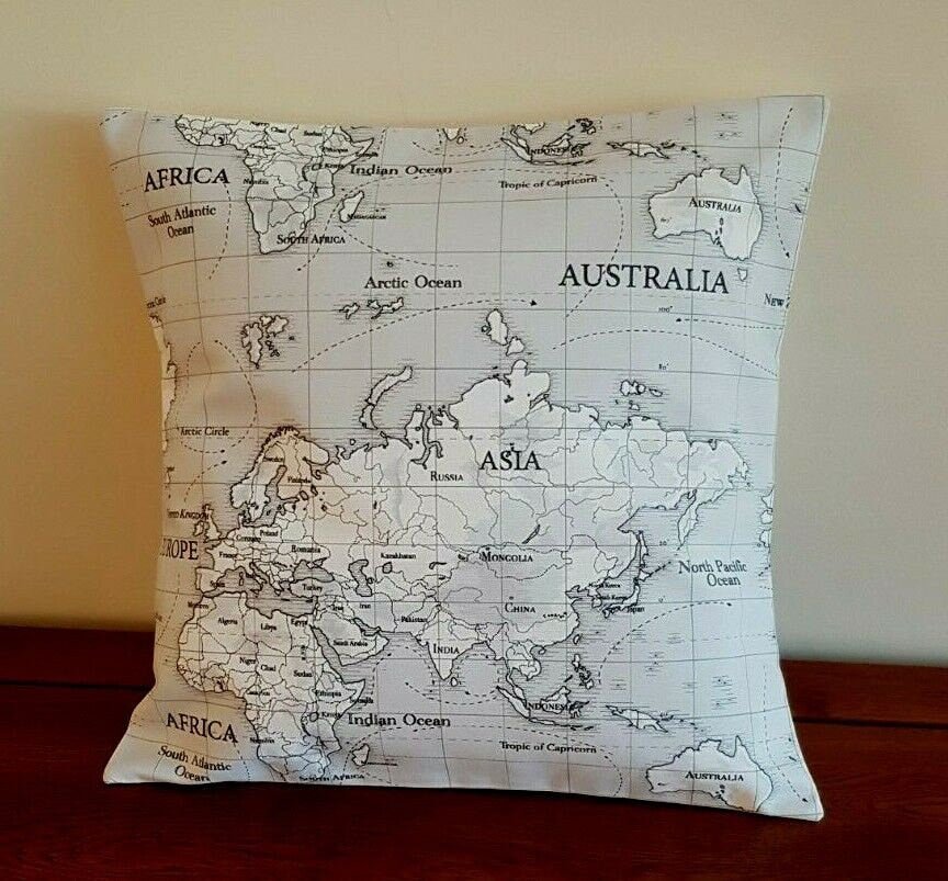 Cushion Cover World Maps Atlas Grey Black White 10" 12" 14" 16" 17" 18" 20" 22" 24" 26" Fryetts 100% Cotton Handmade - CushionCoverAndDecor