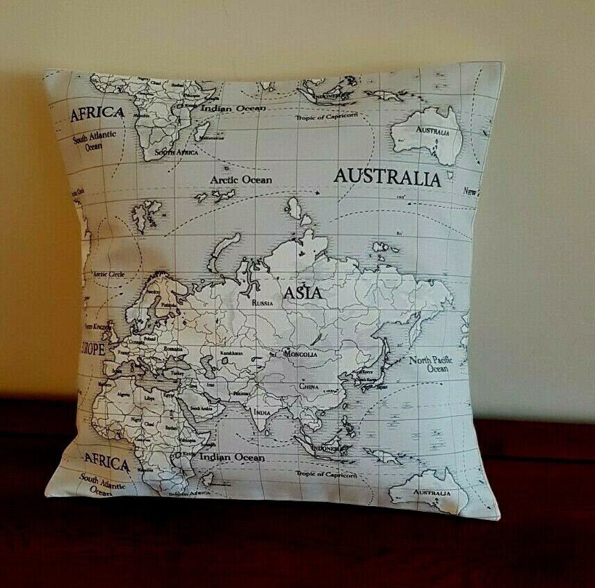 Cushion Cover World Maps Atlas Grey Black White 10" 12" 14" 16" 17" 18" 20" 22" 24" 26" Fryetts 100% Cotton Handmade - CushionCoverAndDecor