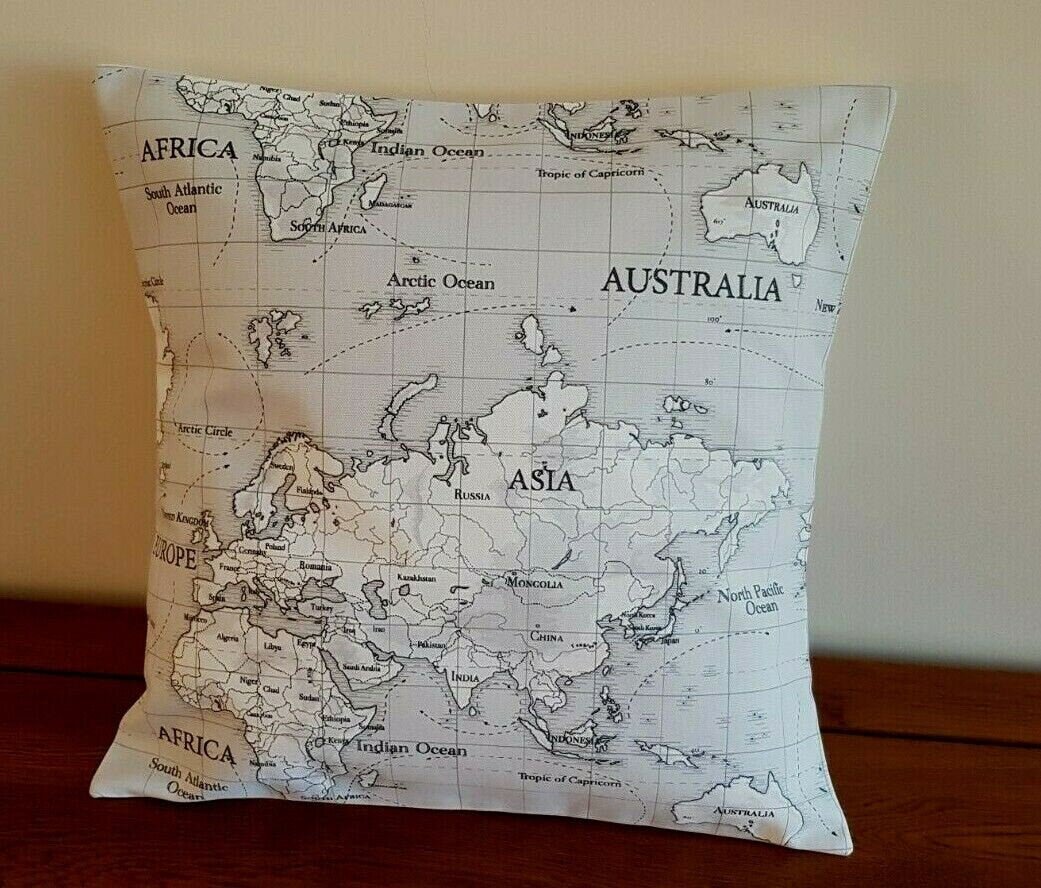 Cushion Cover World Maps Atlas Grey Black White 10" 12" 14" 16" 17" 18" 20" 22" 24" 26" Fryetts 100% Cotton Handmade - CushionCoverAndDecor