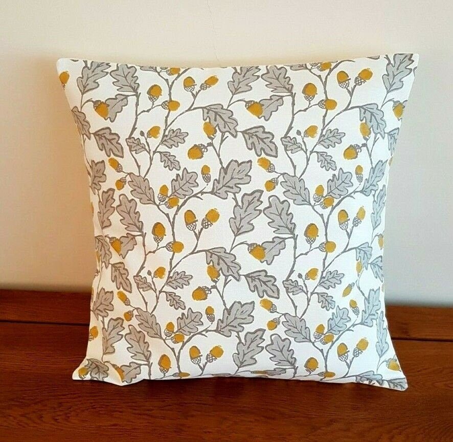 Cushion Cover Yellow Grey Acorn Trail 10" 12" 14" 16" 17" 18" 20" 22" 24" 26" Clarke & Clarke Design Handmade 100% Cotton - CushionCoverAndDecor