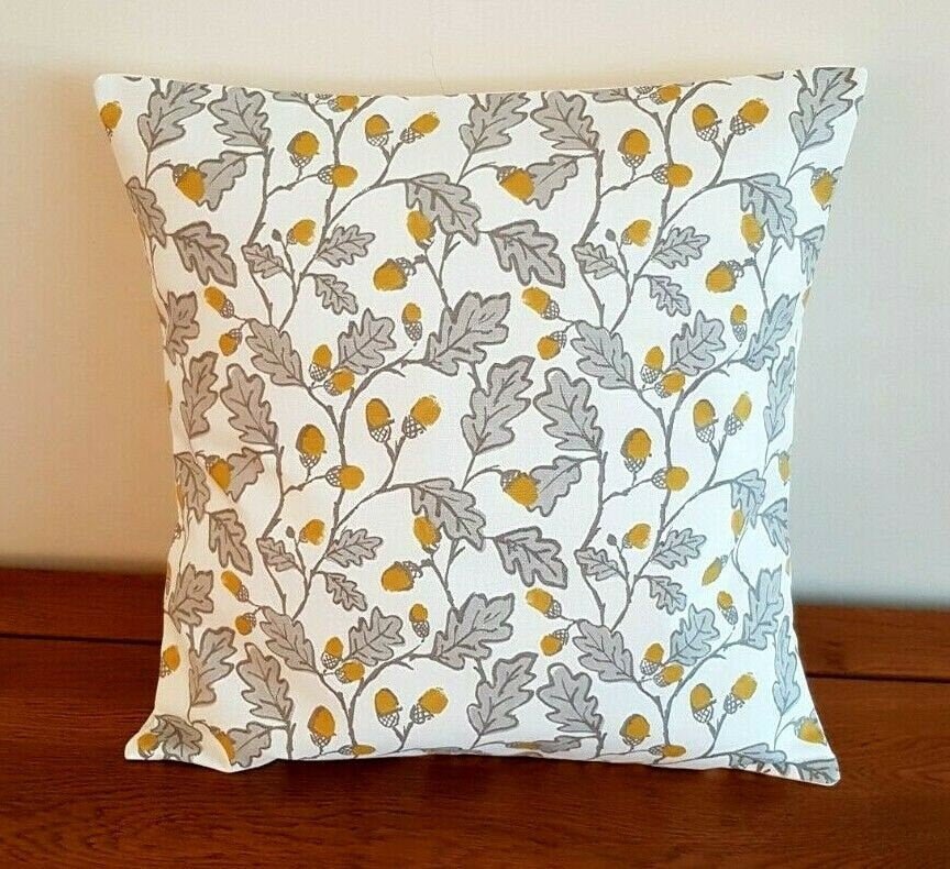 Cushion Cover Yellow Grey Acorn Trail 10" 12" 14" 16" 17" 18" 20" 22" 24" 26" Clarke & Clarke Design Handmade 100% Cotton - CushionCoverAndDecor