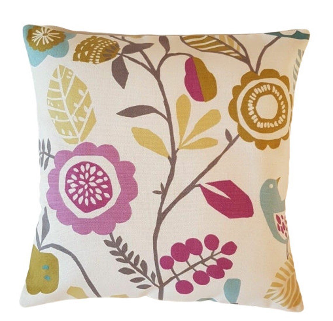 Cushion Pillow Cover Heather Olive Purple Floral Birds Design , Cotton Pillow Sham, 10" 12" 14" 16" 17" 18" 20" 22" 24" 26" - CushionCoverAndDecor