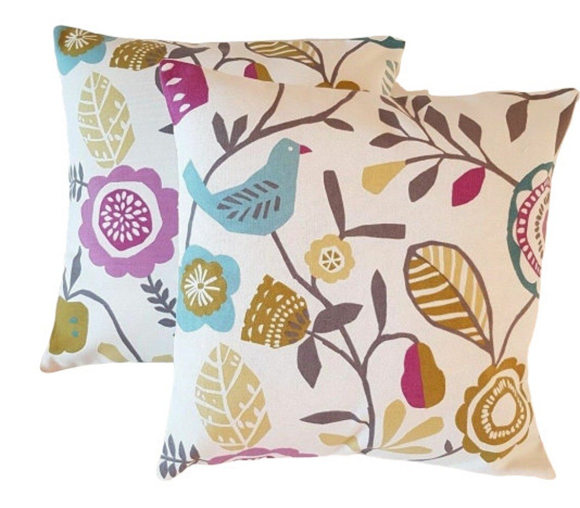 Cushion Pillow Cover Heather Olive Purple Floral Birds Design , Cotton Pillow Sham, 10" 12" 14" 16" 17" 18" 20" 22" 24" 26" - CushionCoverAndDecor