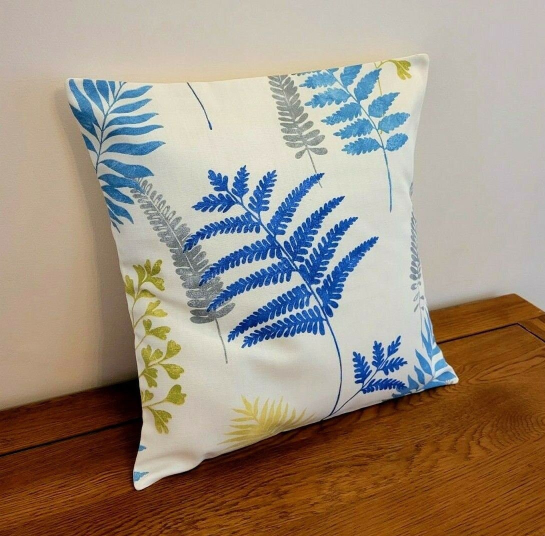 Cushion Pillow Cover Lagoon Fern Blue Lime Green Leaf Design 10" 12" 14" 16" 17" 18" 20" 22" 24" Prestigious Textiles Handmade 100% Cotton - CushionCoverAndDecor