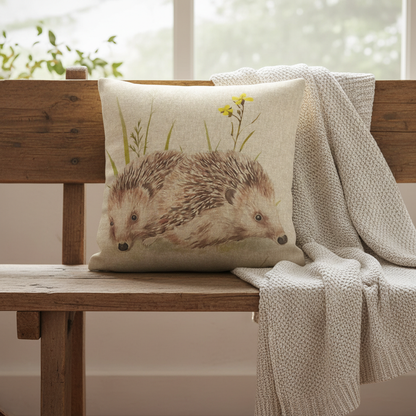 Meadow Hedgehogs Watercolor Natural Cushion Cover