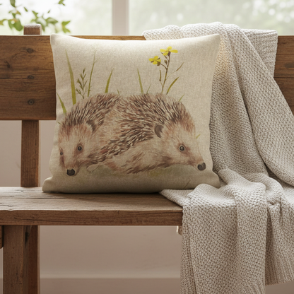 Meadow Hedgehogs Watercolor Natural Cushion Cover