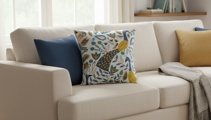 Kissenbezug mit Pfauenmuster in Ocker, Türkis und Grün, erhältlich in den Größen 40, 43, 46, 46, 51, 56, 61 und 66 cm, Dekokissen, handgefertigt aus 100 % Baumwolle