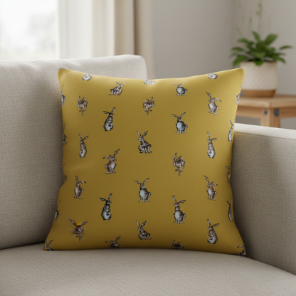 Shabby Hares Rabbits Bunny Mustard Cushion Cover