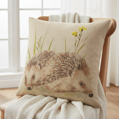 Meadow Hedgehogs Watercolor Natural Cushion Cover