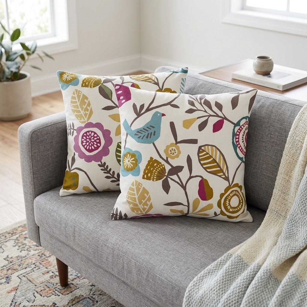 Federa per cuscino in cotone, motivo floreale con uccelli, colore: viola oliva mélange, 25,4 cm, 30,5 cm, 35,6 cm, 40,6 cm, 43,2 cm, 50,8 cm, 55,9 cm, 60,8 cm, 66,7 cm