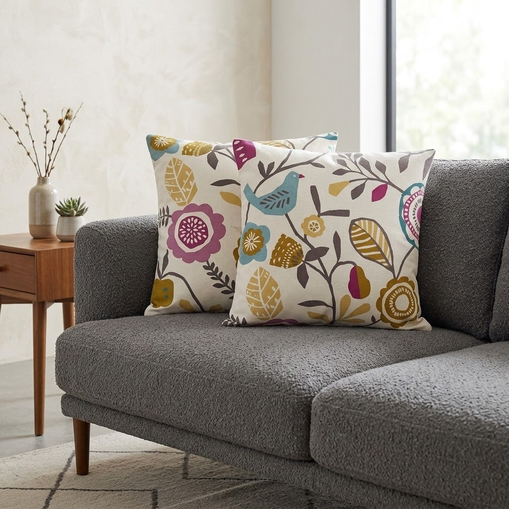 Federa per cuscino in cotone, motivo floreale con uccelli, colore: viola oliva mélange, 25,4 cm, 30,5 cm, 35,6 cm, 40,6 cm, 43,2 cm, 50,8 cm, 55,9 cm, 60,8 cm, 66,7 cm