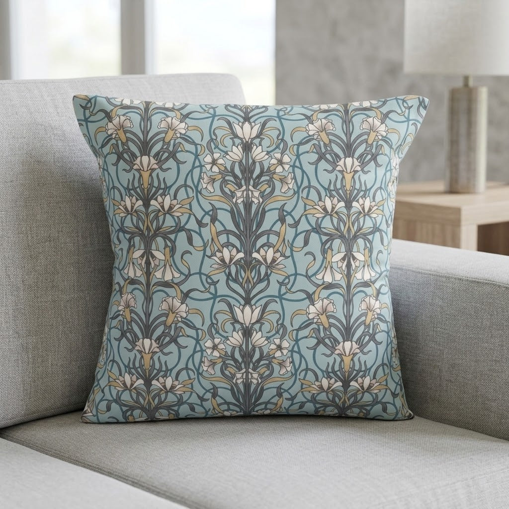 Arts & Crafts Style Floral Duck Egg Blue Cushion Cover
