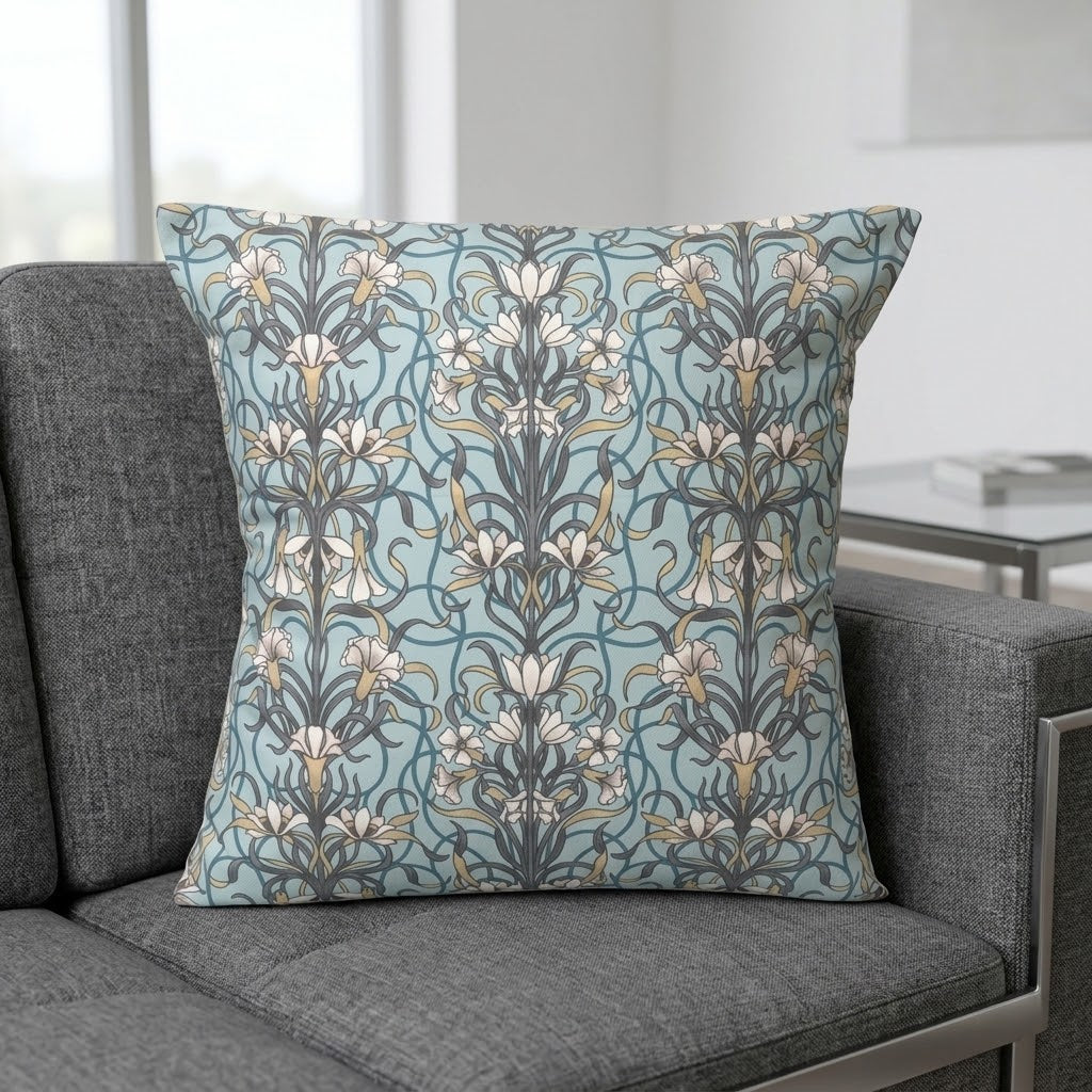 Arts & Crafts Style Floral Duck Egg Blue Cushion Cover