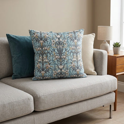 Arts & Crafts Style Floral Duck Egg Blue Cushion Cover