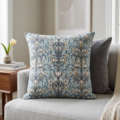 Arts & Crafts Style Floral Duck Egg Blue Cushion Cover
