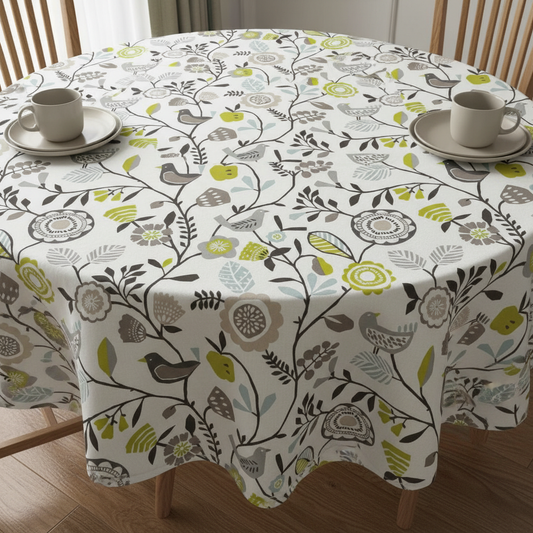 Folki Scandi Bird Floral Chartreuse Charcoal Tablecloth