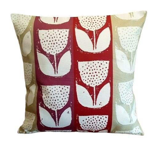 Decorative Cushion Cover , Pillow Cover Red Beige Floral Tulip Stripe Design 10" 12" 14" 16" 17" 18" 20" 22" 24" 26" Handmade 100% Cotton - CushionCoverAndDecor