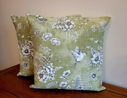 Decorative Cushion Pillow Cover Finch Toile Willow Green Bird Design 10" 12 " 14" 16" 17" 18" 20" 22" 24" 26" Handmade 100% Cotton - CushionCoverAndDecor