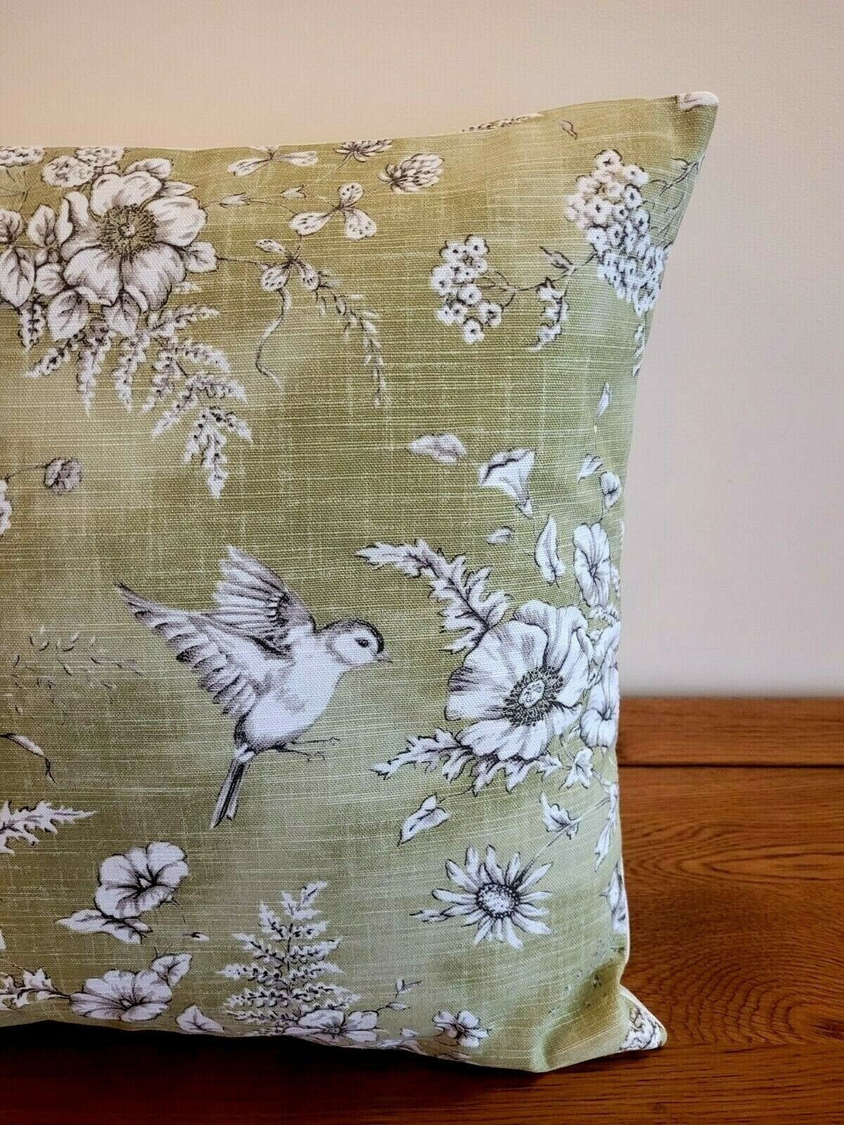 Decorative Cushion Pillow Cover Finch Toile Willow Green Bird Design 10" 12 " 14" 16" 17" 18" 20" 22" 24" 26" Handmade 100% Cotton - CushionCoverAndDecor