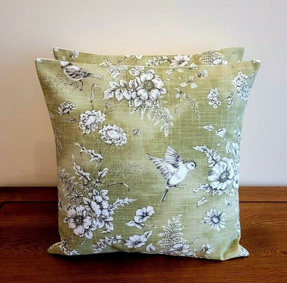 Decorative Cushion Pillow Cover Finch Toile Willow Green Bird Design 10" 12 " 14" 16" 17" 18" 20" 22" 24" 26" Handmade 100% Cotton - CushionCoverAndDecor