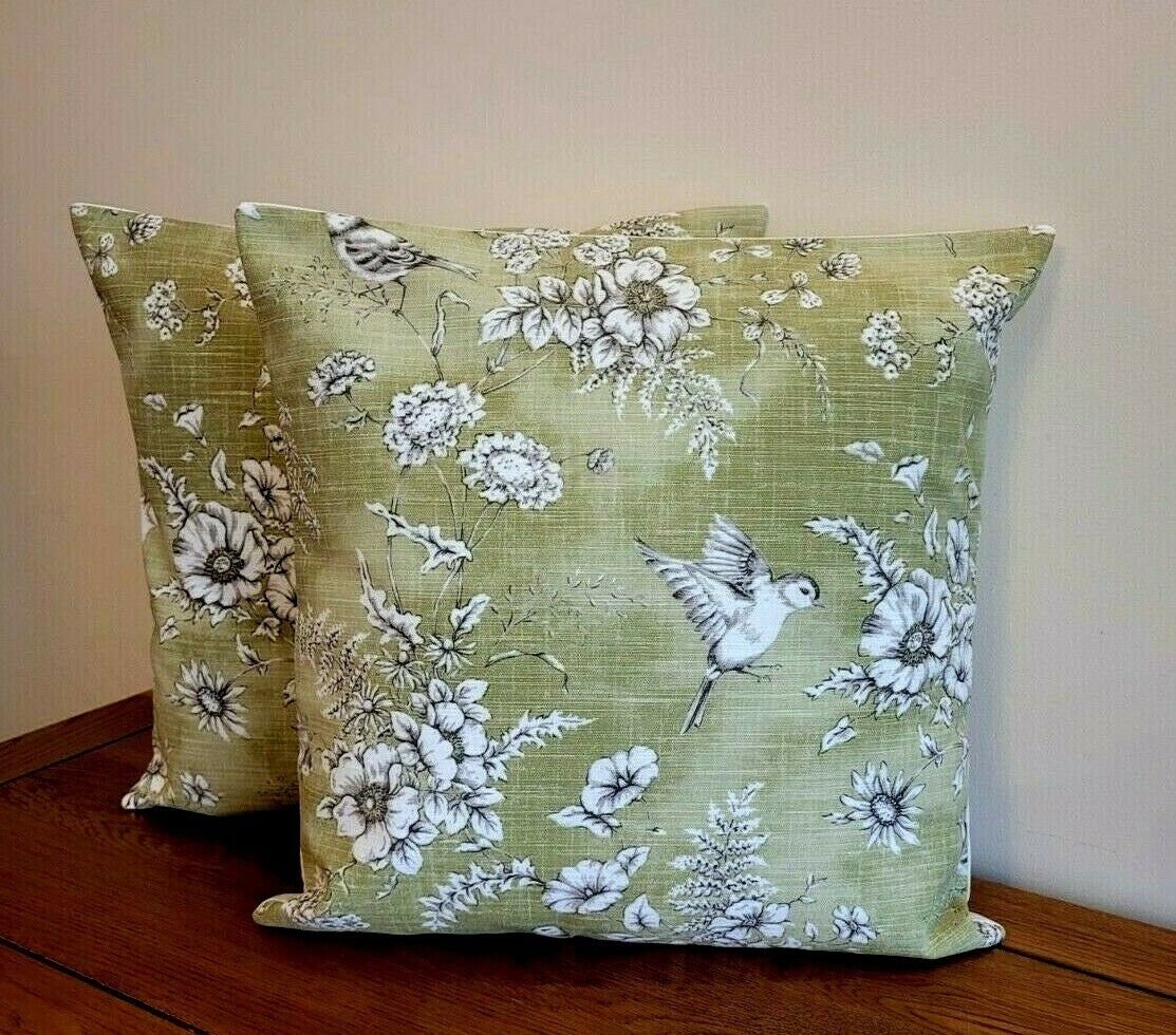 Decorative Cushion Pillow Cover Finch Toile Willow Green Bird Design 10" 12 " 14" 16" 17" 18" 20" 22" 24" 26" Handmade 100% Cotton - CushionCoverAndDecor