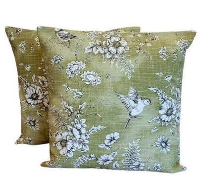 Decorative Cushion Pillow Cover Finch Toile Willow Green Bird Design 10" 12 " 14" 16" 17" 18" 20" 22" 24" 26" Handmade 100% Cotton - CushionCoverAndDecor